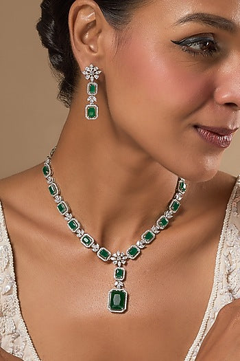 White Finish Zircon & Green Stone Long Necklace Set