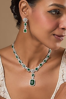 White Finish Zircon & Green Stone Long Necklace Set