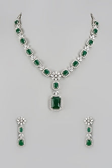 White Finish Zircon & Green Stone Long Necklace Set