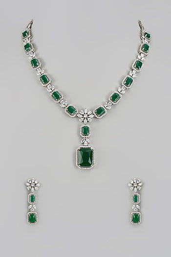 White Finish Zircon & Green Stone Long Necklace Set