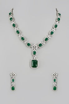 White Finish Zircon & Green Stone Long Necklace Set