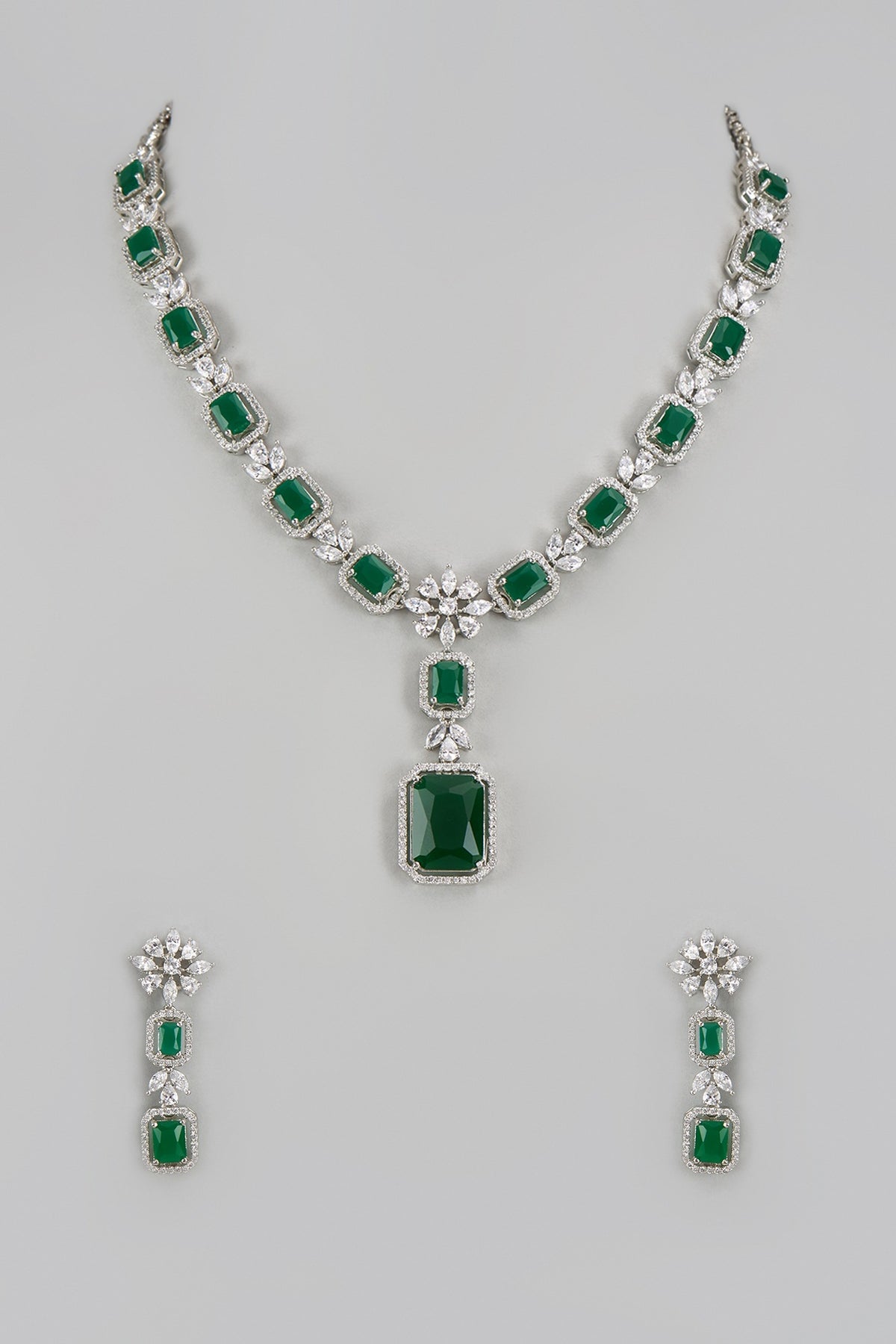 White Finish Zircon & Green Stone Long Necklace Set