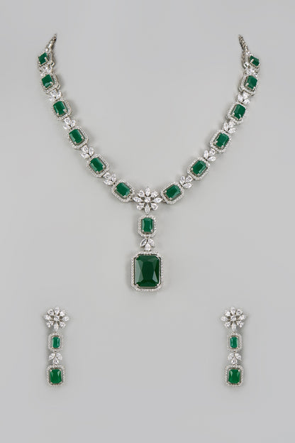 White Finish Zircon & Green Stone Long Necklace Set