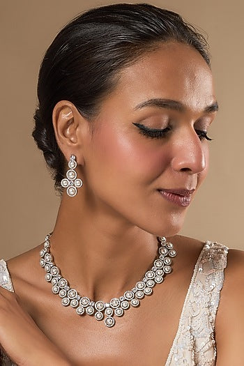 White Finish Zircon & Pearl Necklace Set