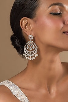 White Finish Zircon Chandbali Earrings