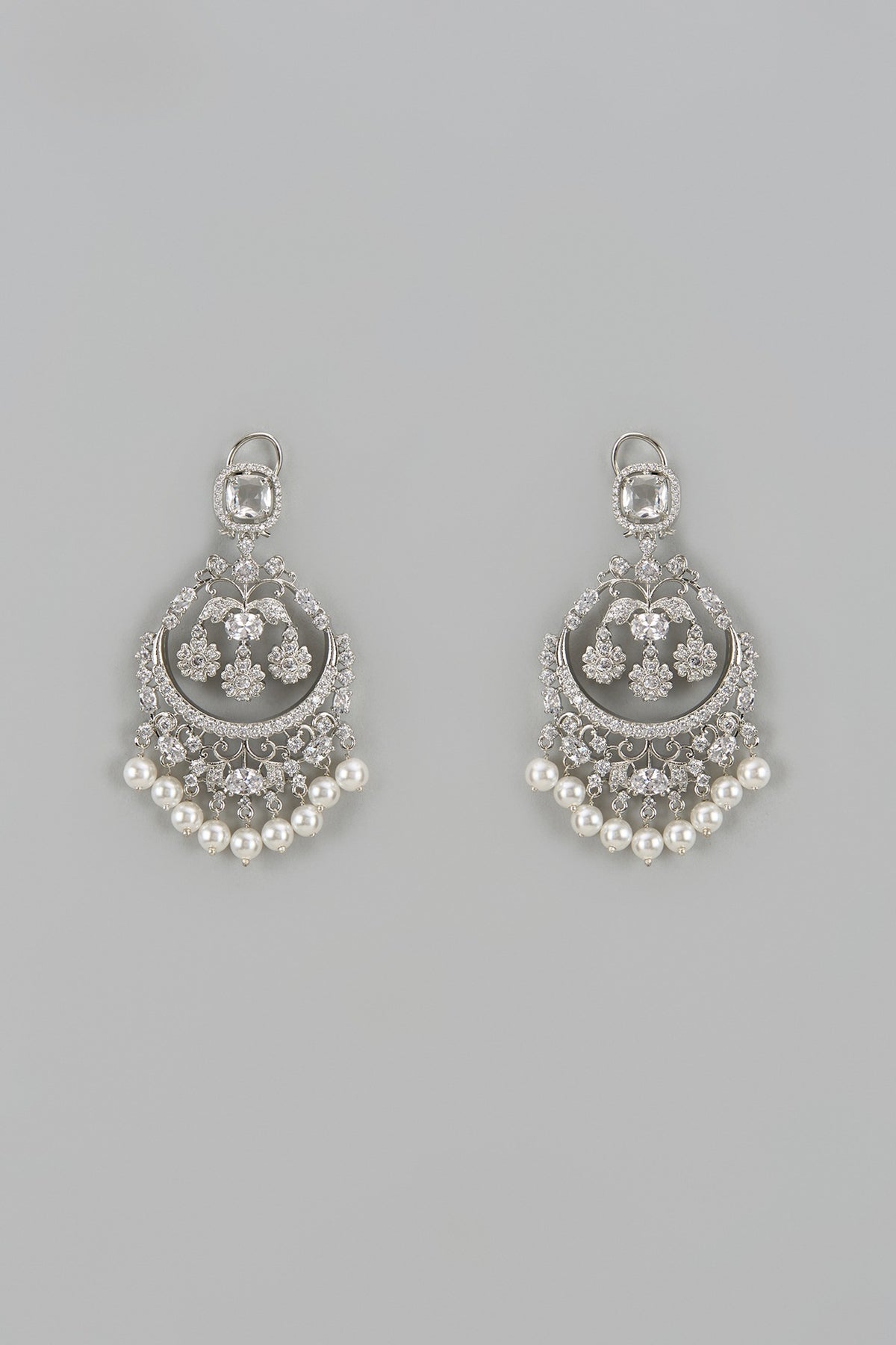 White Finish Zircon Chandbali Earrings