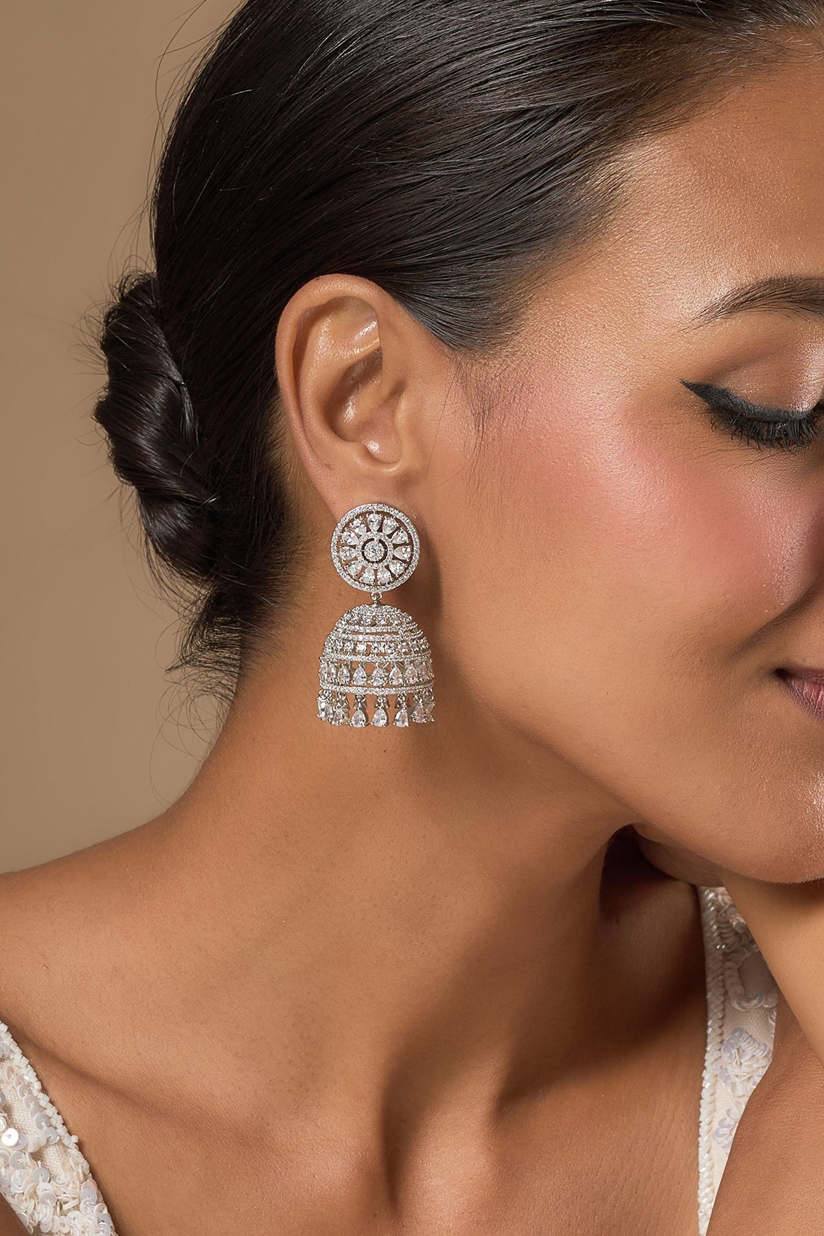 White Finish Zircon Jhumka Earrings