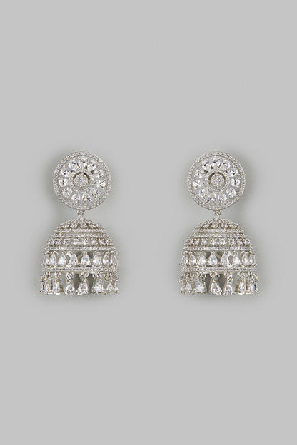 White Finish Zircon Jhumka Earrings