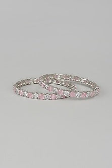 White Finish Zircon & Pink Stone Bangles (Set of 2)