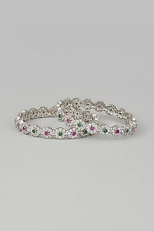 White Finish Zircon & Red Stone Bangles (Set of 2)
