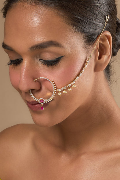 Gold Finish Zircons & Red Stone Nose Ring