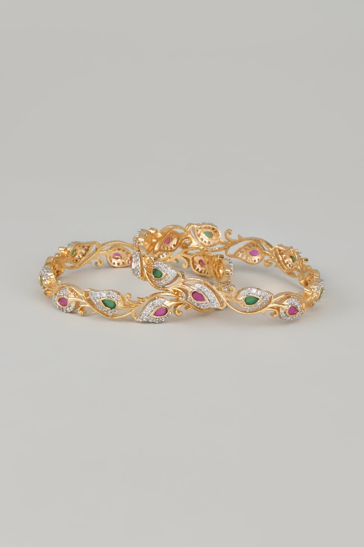 Gold Finish Zircons & Multi-Colored Stone Bangles (Set of 2)