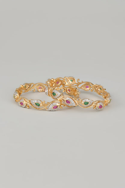 Gold Finish Zircons & Multi-Colored Stone Bangles (Set of 2)