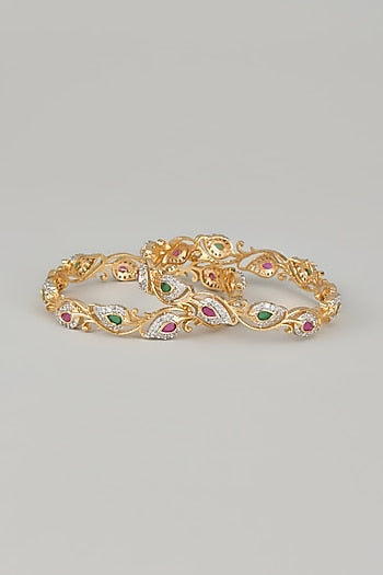 Gold Finish Zircons & Multi-Colored Stone Bangles (Set of 2)