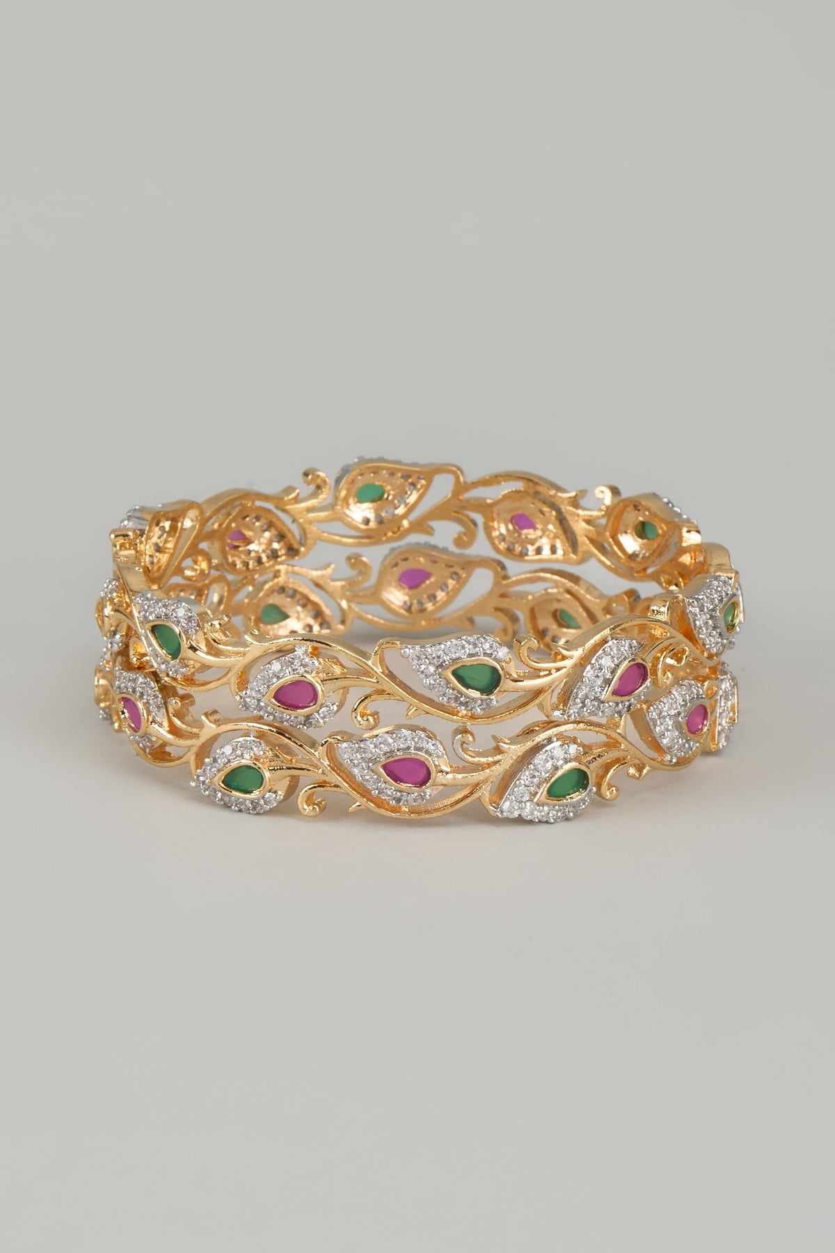 Gold Finish Zircons & Multi-Colored Stone Bangles (Set of 2)