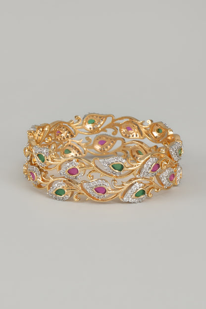 Gold Finish Zircons & Multi-Colored Stone Bangles (Set of 2)