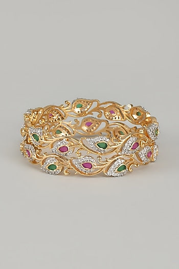 Gold Finish Zircons & Multi-Colored Stone Bangles (Set of 2)