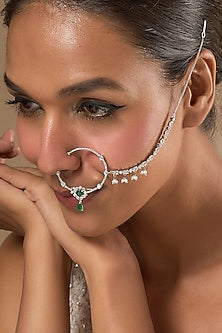 White Finish Zircons & Green Stone Nose Ring