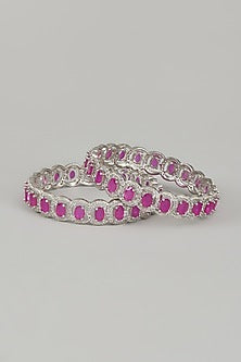 White Finish Zircons & Red Stone Bangles (Set of 2)
