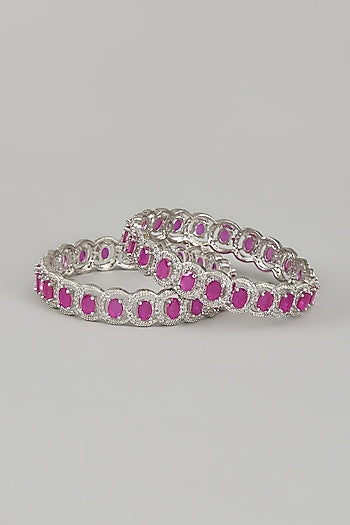 White Finish Zircons & Red Stone Bangles (Set of 2)