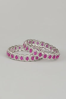 White Finish Zircons & Red Stone Bangles (Set of 2)