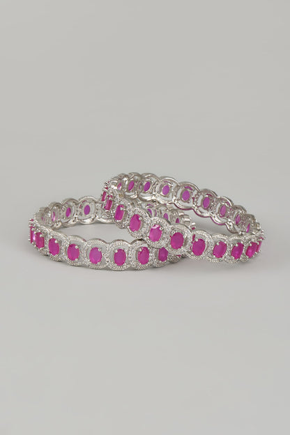 White Finish Zircons & Red Stone Bangles (Set of 2)
