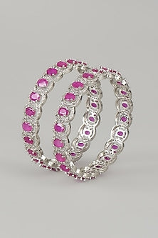White Finish Zircons & Red Stone Bangles (Set of 2)