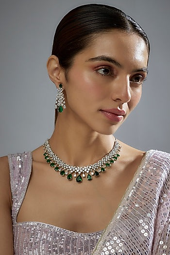 White Finish Zircon & Green Stone Necklace Set