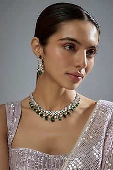 White Finish Zircon & Green Stone Necklace Set