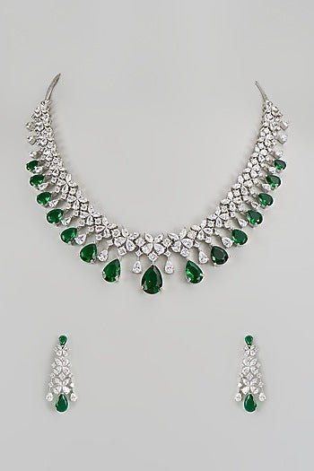 White Finish Zircon & Green Stone Necklace Set