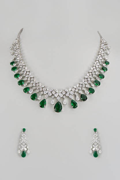 White Finish Zircon & Green Stone Necklace Set