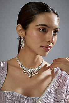 White Finish Zircon & Red Stone Long Necklace Set