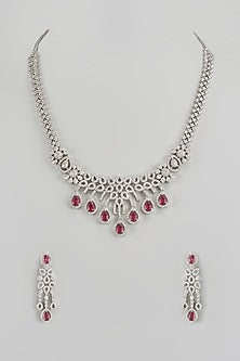 White Finish Zircon & Red Stone Long Necklace Set