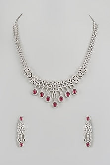 White Finish Zircon & Red Stone Long Necklace Set