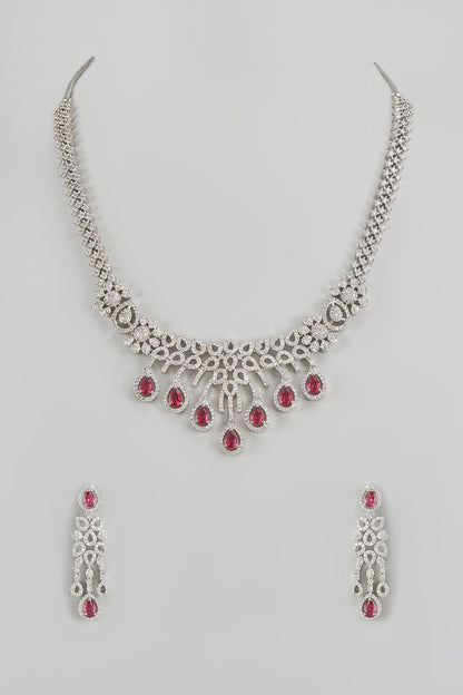 White Finish Zircon & Red Stone Long Necklace Set