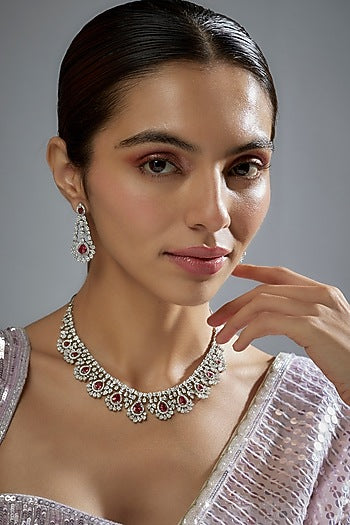 White Finish Zircon & Red Stone Necklace Set