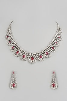 White Finish Zircon & Red Stone Necklace Set