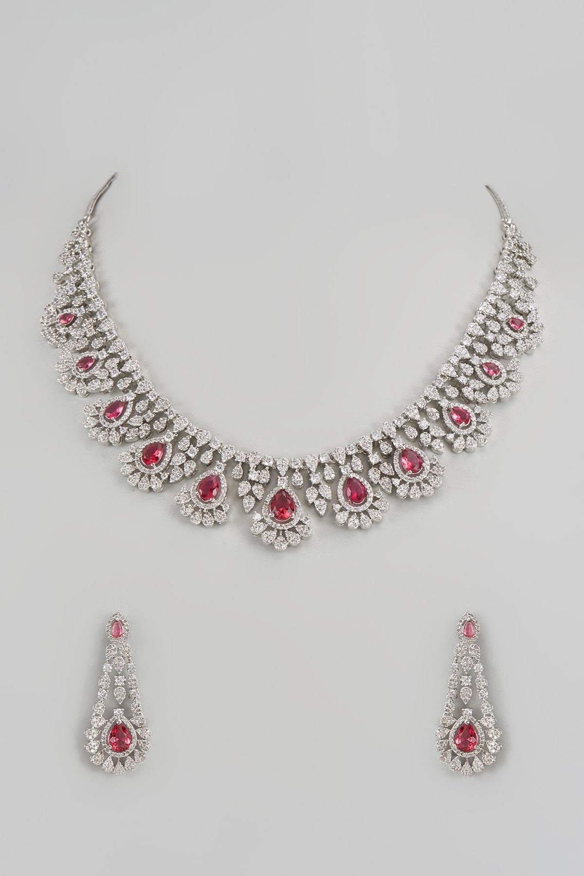 White Finish Zircon & Red Stone Necklace Set