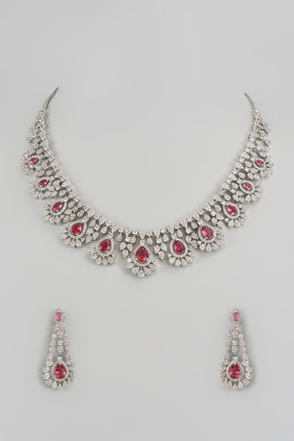 White Finish Zircon & Red Stone Necklace Set