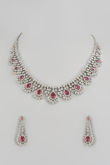 White Finish Zircon & Red Stone Necklace Set