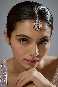 White Finish Zircon & Red Stone Maangtikka
