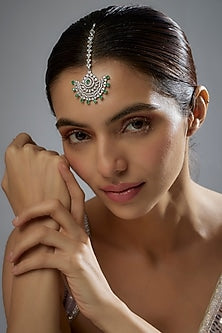 White Finish Zircon & Green Stone Maangtikka