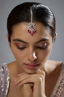 White Finish Zircon & Red Stone Maangtikka