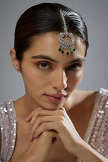 White Finish Zircon & Green Stone Maangtikka