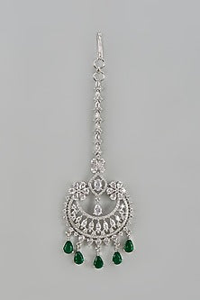 White Finish Zircon & Green Stone Maangtikka