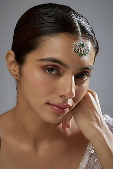 White Finish Zircon & Green Stone Maangtikka