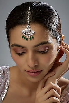 White Finish Zircon & Green Stone Maangtikka