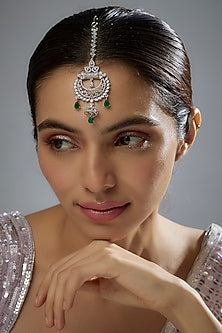 White Finish Zircon & Green Stone Maangtikka