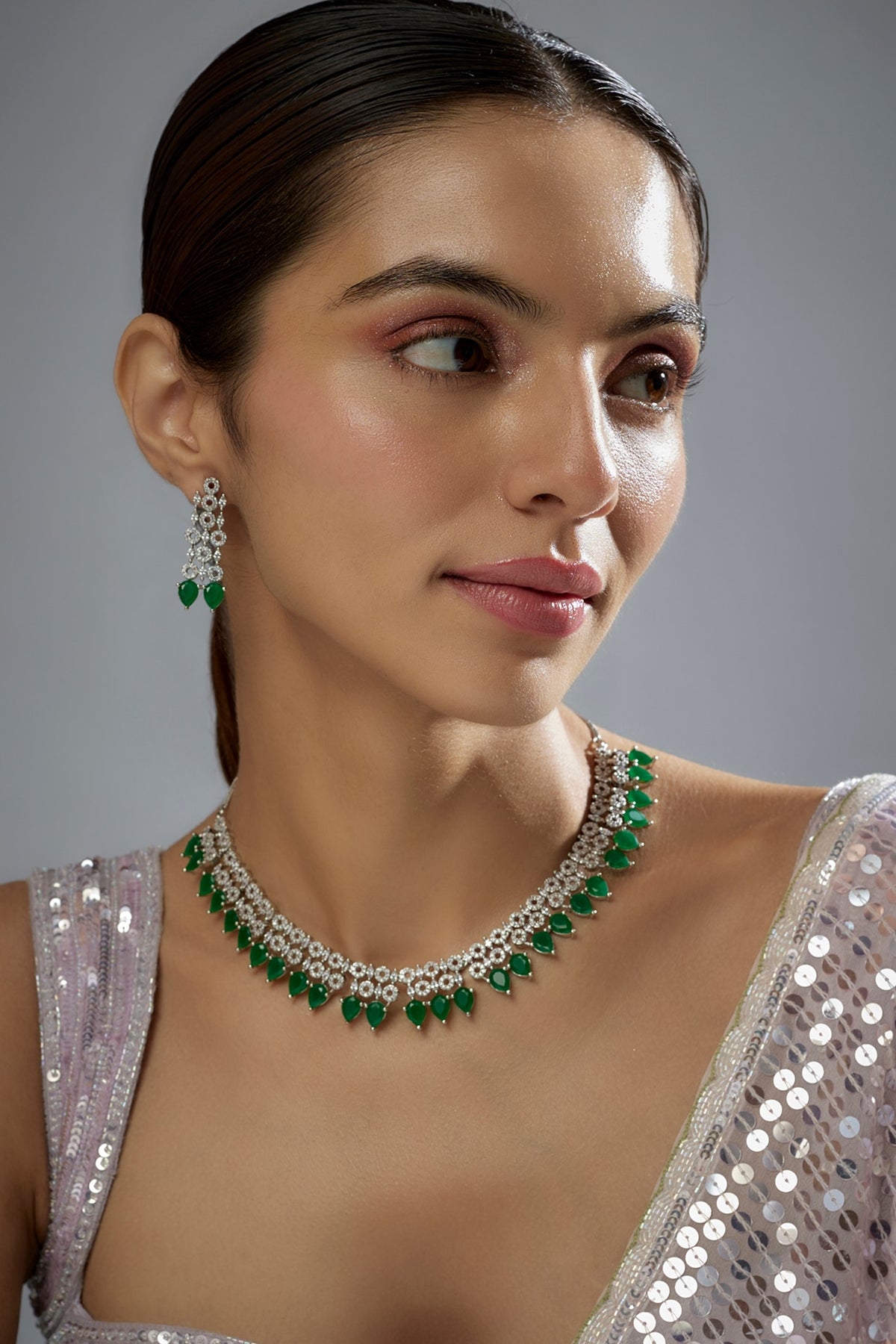White Finish Zircon & Green Stone Necklace Set