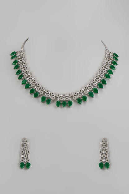 White Finish Zircon & Green Stone Necklace Set
